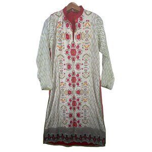 Ivory & Red Womens Kurti Sz M Floral Embroidered Mixed Media Ethnic Traditional